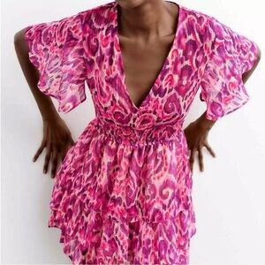 ZARA Metallic Thread Watercolor Pink Purple Tier Smocked‎ Waist Dress size Large